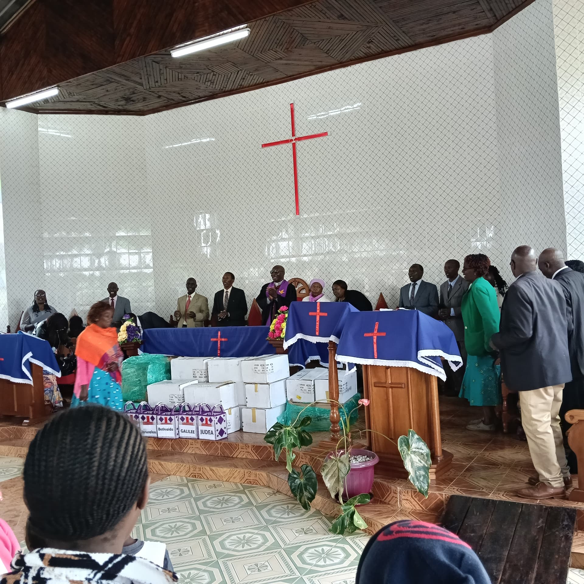 Boxes of donated Bibles presented at the altar of P.C.E.A Kagaa Parish.